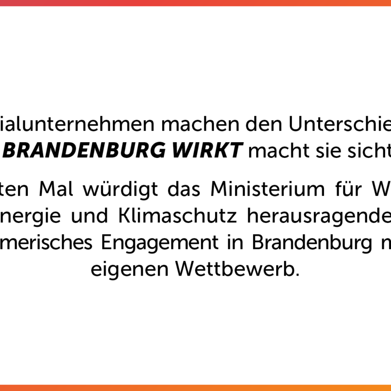 BRANDENBURG WIRKT - Der neue Preis für soziales Unternehmertum!  Sozialunternehmen machen den Unterschied - und BRANDENBURG WIRKT macht sie sichtbar!  Zum ersten Mal würdigt das Ministerium für Wirtschaft, Arbeit, Energie und Klimaschutz herausragendes sozialunternehmerisches Engagement in Brandenburg mit einem eigenen Wettbewerb.  Gesucht werden mutige Ideen, nachhaltige Geschäftsmodelle und kreative Lösungen für gesellschaftliche Herausforderungen. Zu gewinnen gibt es drei Jurypreise und einen Publikumspreis - alle monetär dotiert, alle mit dem Ziel, Wirkung zu verstärken und Wachstum zu ermöglichen.  Zeigen Sie, was Brandenburg kann - sozial, innovativ, zukunftsorientiert. Jetzt bewerben und mit Ihrer Wirkung überzeugen!